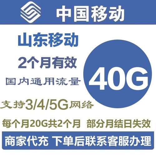 山东移动流量充值中国移动流量叠加油包全国通用20G*2连续2个月