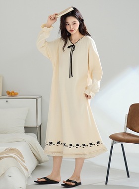 A类抗菌睡裙女士秋冬季纯棉长袖少女连衣裙加大码全棉睡衣家居服