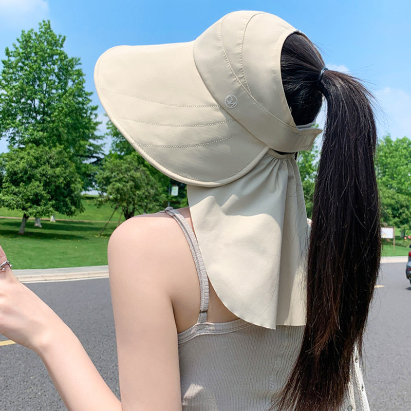 可扎马尾空顶防晒帽一体护颈遮阳帽夏季大帽檐防紫外线渔夫帽子女