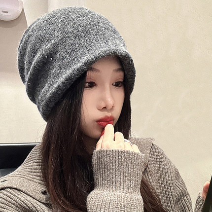 堆堆帽子女秋冬高级感素颜冷帽防寒保暖羊毛针织帽韩系亮片毛线帽