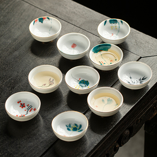 釉下彩手绘描金普洱杯功夫茶具田园荷花鱼戏主人杯家用品茗杯茶盏
