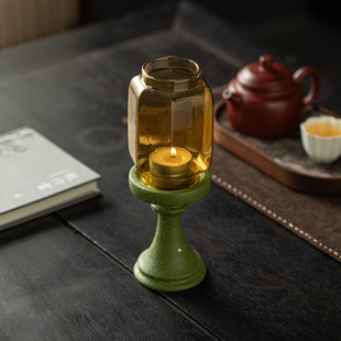 洒金明清陶瓷烛台玻璃蜡烛罩子中式摆件茶室家居禅意礼佛供奉台子