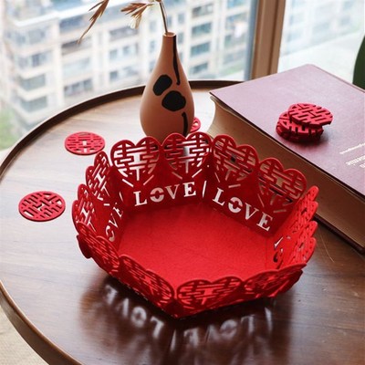 精选创意结婚红喜字中式无纺布果盘喜糖收纳糕点早生贵子篮子婚房