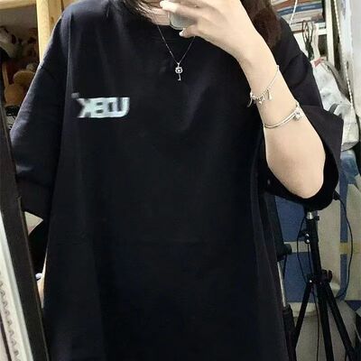 重磅100%纯棉短袖美式复古纯棉黑色T恤女宽松印花港味chic上衣