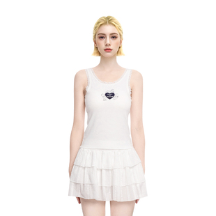 BM上衣女背心短袖T恤三个天使夏季蕾丝边少女纯欲风白色高腰短袖