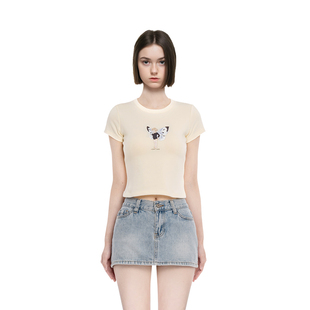 女2025新款 圆领显瘦美式 夏季 t恤蝴蝶精灵印花修身 上衣 短款 BM短袖