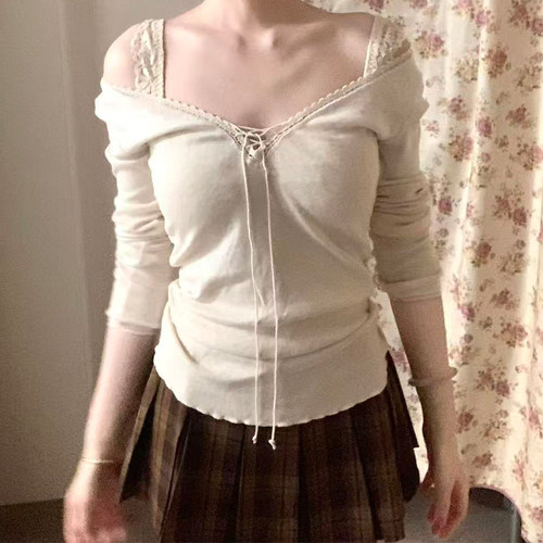 BM上衣女2025新款秋冬纯色V领抽绳绑带长袖修身显瘦内搭打底衫