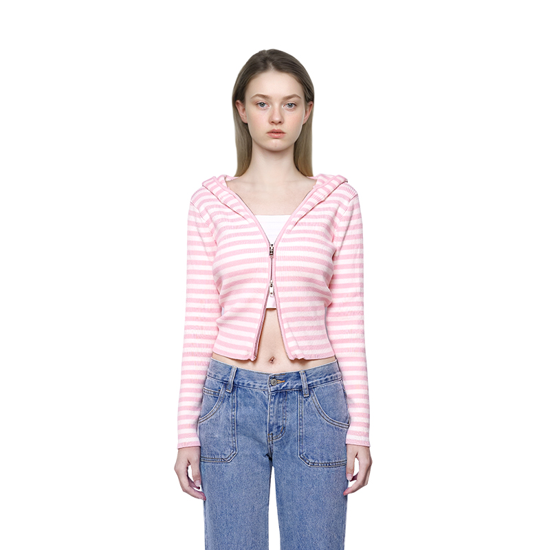BM连帽针织小外套开衫外套短款粉红色条纹多巴胺秋季穿搭上衣高腰
