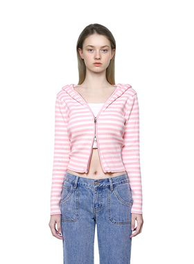 BM连帽针织小外套开衫外套短款粉红色条纹多巴胺秋季穿搭上衣高腰