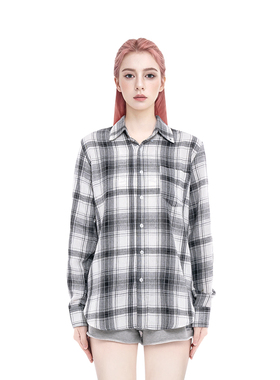 BM格子衬衫女2025新款灰色格纹宽松衬衫外套美式休闲百搭长袖衬衣