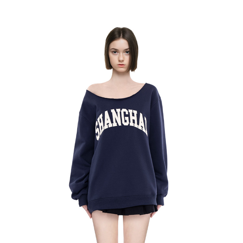 BM卫衣女2025新款秋冬斜肩字母刺绣纯欲风百搭宽松显瘦长袖上衣