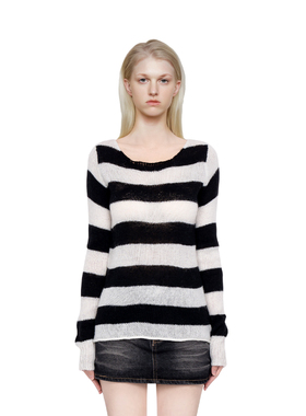 BM针织毛衣2026新款黑白条纹一字领复古慵懒风马海毛早秋露背毛衣