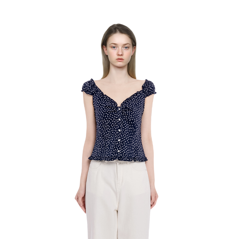 BM短袖女2025新款夏季v领碎花荷叶边短款修身纯欲风内搭外穿上衣