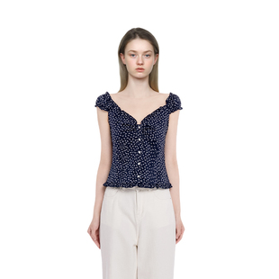 BM短袖女2026新款夏季v领碎花荷叶边短款修身纯欲风内搭外穿上衣