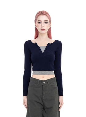 BM上衣长袖体恤女2025新款秋冬假两件露脐高腰修身撞色长袖体恤