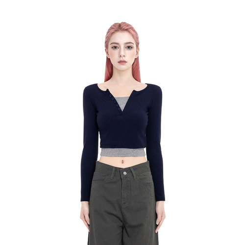 BM上衣长袖体恤女2025新款秋冬假两件露脐高腰修身撞色长袖体恤