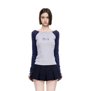 复古内搭打底衫 BM长袖 显瘦美式 早秋一字肩印花修身 t恤女2025新款