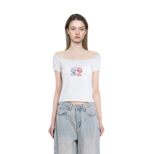 BM短袖女2026新款白色小狗印花一字肩修身显瘦百搭性感t恤上衣