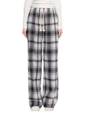 BM裤子休闲裤女运动格子条纹直筒显腿长黑灰色格子抽绳格子长裤