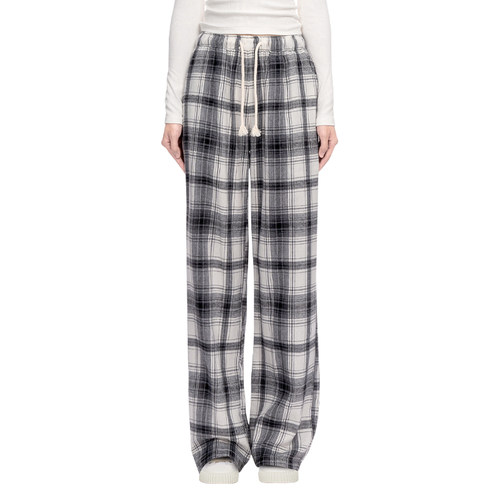 BM裤子休闲裤女运动格子条纹直筒显腿长黑灰色格子抽绳格子长裤