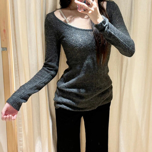 BM毛衣女圆领镂空针织2025新款 显瘦高级感套头上衣 秋冬纯色修身