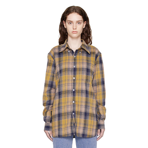 BM衬衫2025新款女长袖衬衣早秋外穿黄棕格纹休闲宽松百搭衬衫外套