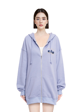 BM卫衣女2025新款蓝紫色三只熊拉链帽衫美式宽松百搭oversize卫衣