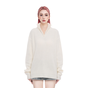 BM毛衣女2025新款 复古保暖线衣高级毛衣 针织纯白色半拉链高领美式