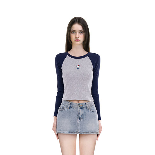 BM长袖t恤女2025新款春秋插肩袖印花甜美修身短款美式显瘦上衣