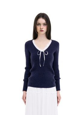 BM针织V领长袖毛衣女2025新款爆款秋季 条纹纹理藏青色外穿毛衣