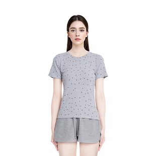 BM短袖女2024新款夏季圆领灰色波点正肩T恤短款修身显瘦内搭上衣