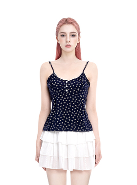 BM上衣吊带背心女2025新款秋冬藏青色复古碎花三粒扣美式复古吊带