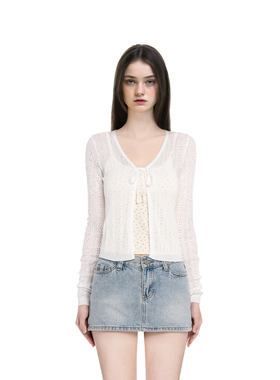 BM针织开衫女蝴蝶结镂空系带外套2025新款秋夏外搭上衣BM官方店