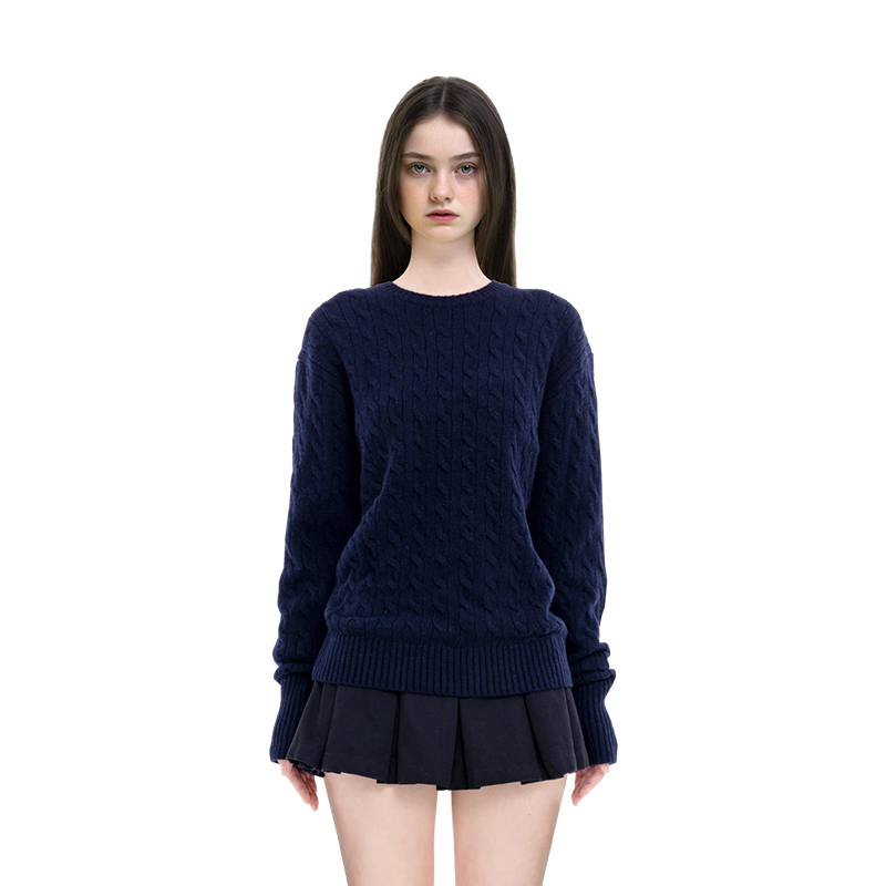 BM毛衣女圆领麻花2025新款秋冬宽松显瘦高级感美式复古套头毛衣