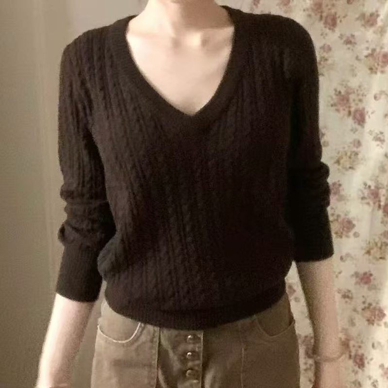 BM毛衣女2025新款秋冬纯色V领麻花高级感修身显瘦长袖套头上衣