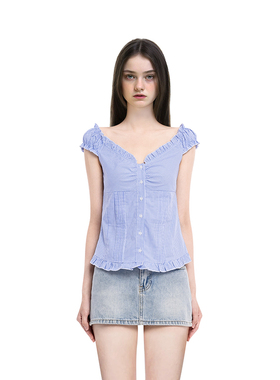 BM上衣女2025新款蓝色格子荷叶边V领性感纯欲风修身美式短款衬衫