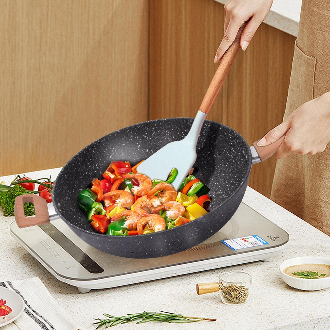 麦饭石炒锅不粘锅家用炒菜锅平底煎锅不沾锅加厚复合底电磁炉锅具