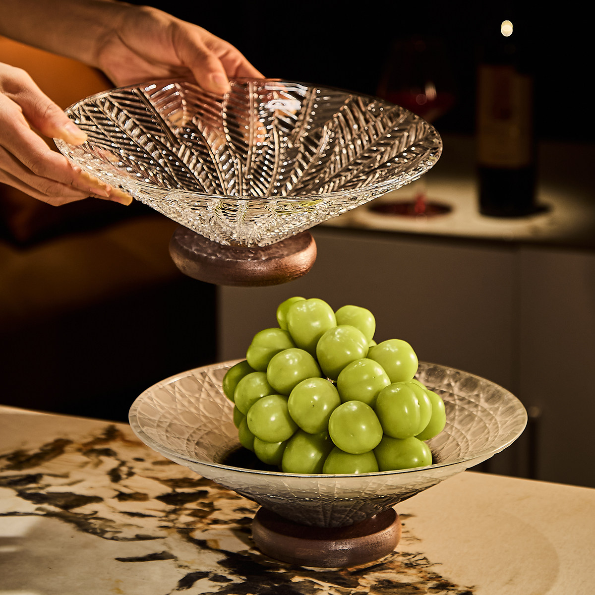 中式轻奢玻璃水果盘客厅茶几家用糖果盘子新年干果盘零食盘瓜果盘