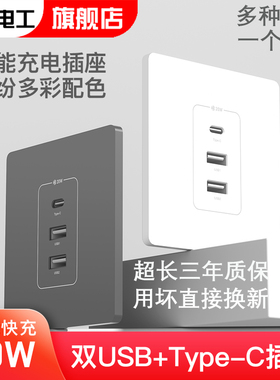 国际电工86型20W家用USB插座面板墙壁手机充电Type-c插座快充面板