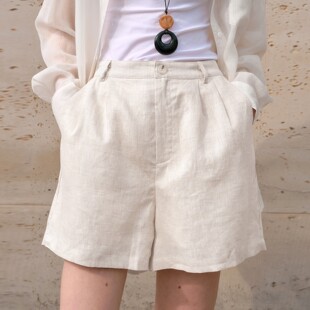 高级感通勤纯亚麻高腰短裤白色女25夏老钱风棉麻热裤宽松休闲裤子