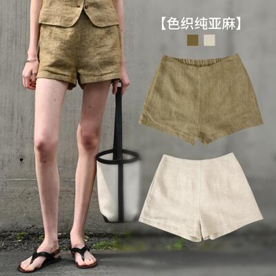 高端纯亚麻色织高腰短裤女2025夏老钱宽松休闲裤子小众设计直筒裤