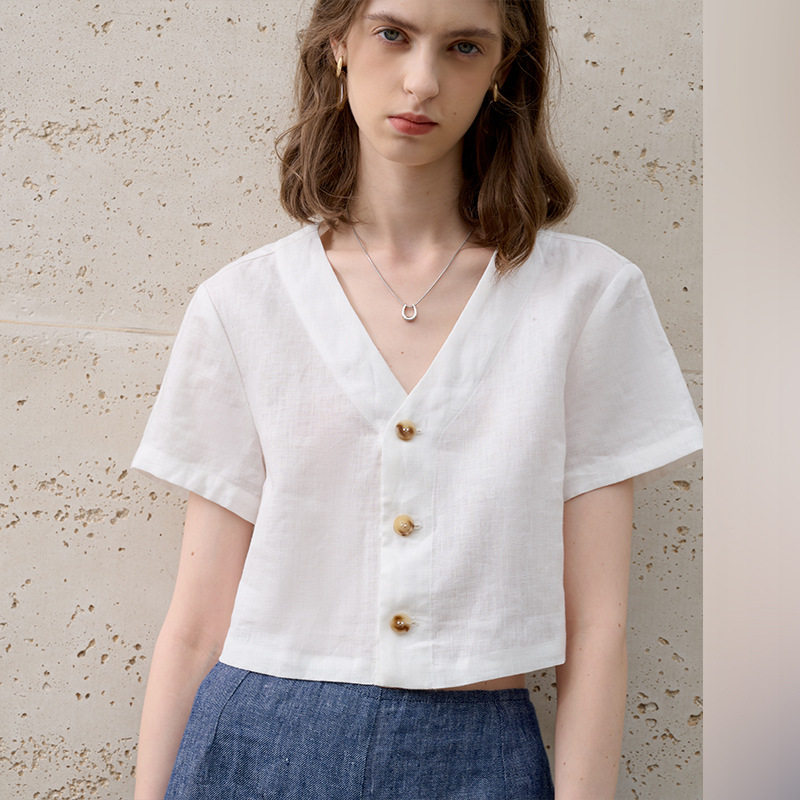 欧美100%亚麻衬衫V领夏季宽松短袖衬衣白色女休闲老钱风短款上衣