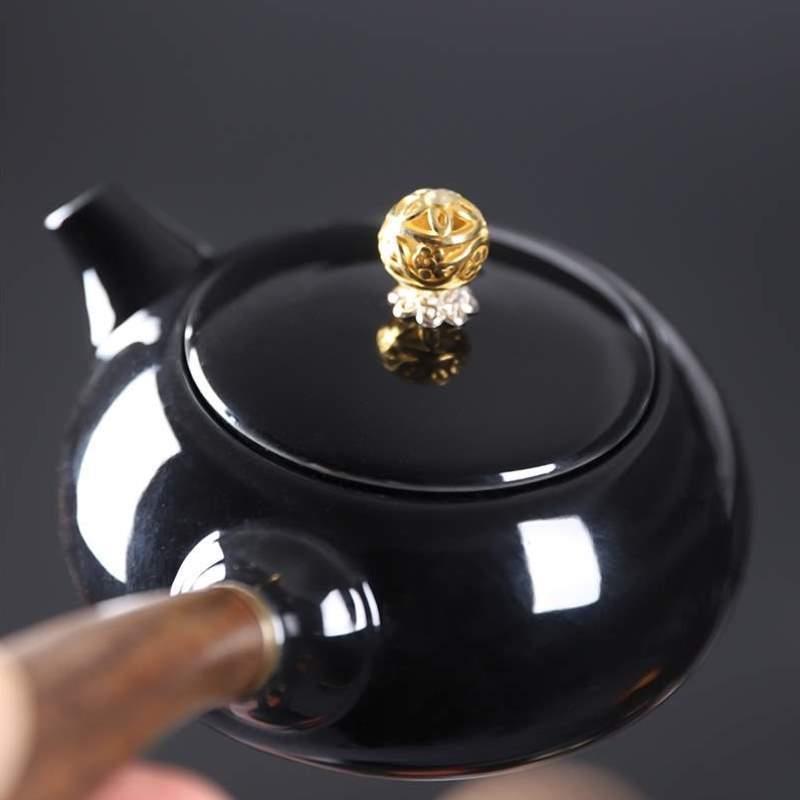 功夫茶烫手茶壶把茶具茶壶喝茶简约不壶侧陶瓷新手黑色泡茶壶泡茶