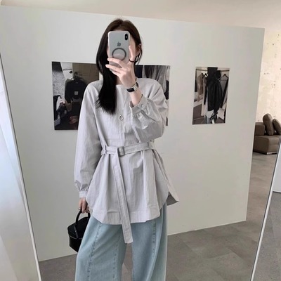 低价！免费试穿~绑带长袖衬衫女