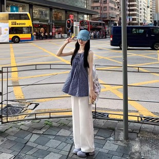 衬衫 女夏装 韩系格子无袖 娃娃衫 搭配一整套chic阔腿九分裤 慵懒套装