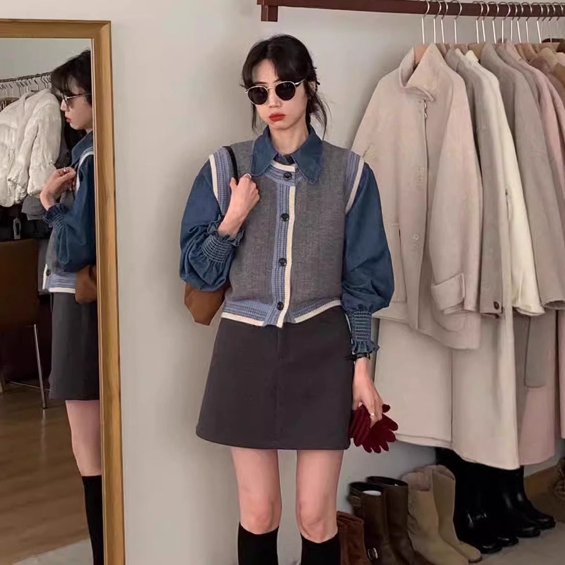 复古chic套装女秋冬新款针织背心马甲搭配牛仔衬衫上衣短裙三件套