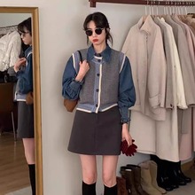 复古chic套装女秋冬新款针织背心马甲搭配牛仔衬衫上衣短裙三件套