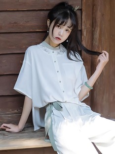 水墨画长裤 素汉服短袖 新款 新中式 两件套 女夏季 衬衫 汉元 国风套装