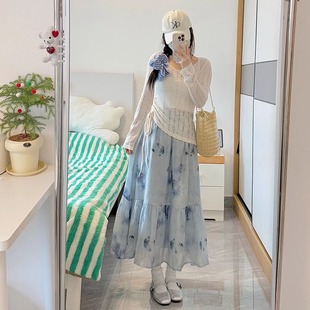 韩系甜美套装 T恤扎染半身裙两件套小个子 女春新款 系带镂空针织衫