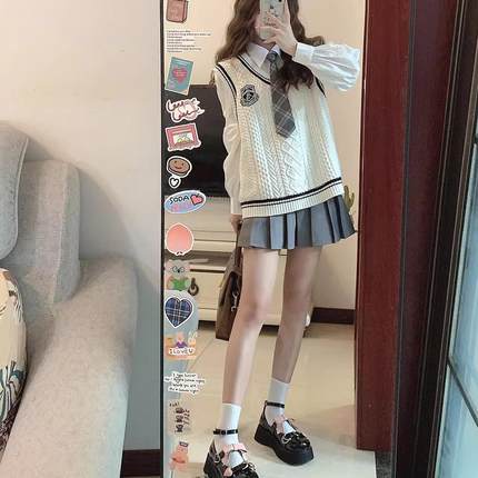 学院风套装女秋冬新款jk制服针织马甲背心衬衣短裙一整套日系